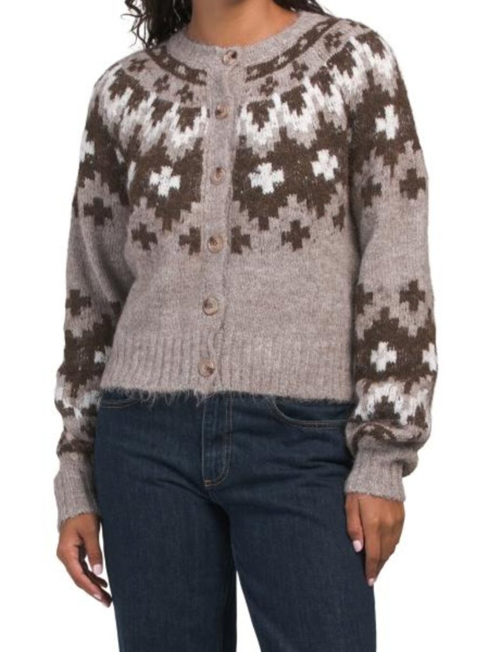 ELLEN TRACY Button Front Balloon Sleeve Fair Isle Cardigan